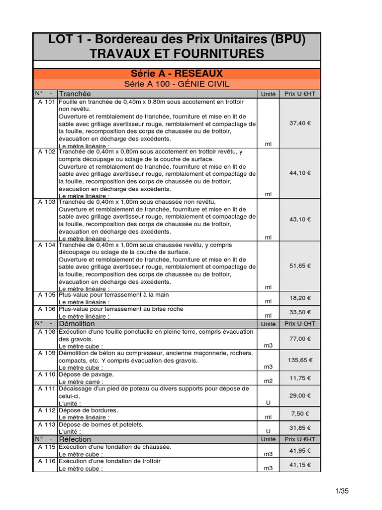 Bordereau des Prix Unitaires (BPU) | PDF | Matériaux de construction ...