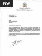 Carta de felicitación del presidente Danilo Medina a Yvonne Losos de Muñiz por recibir el premio Atleta del Año, categoría Ecuestre, en la Gala Olímpica 2019