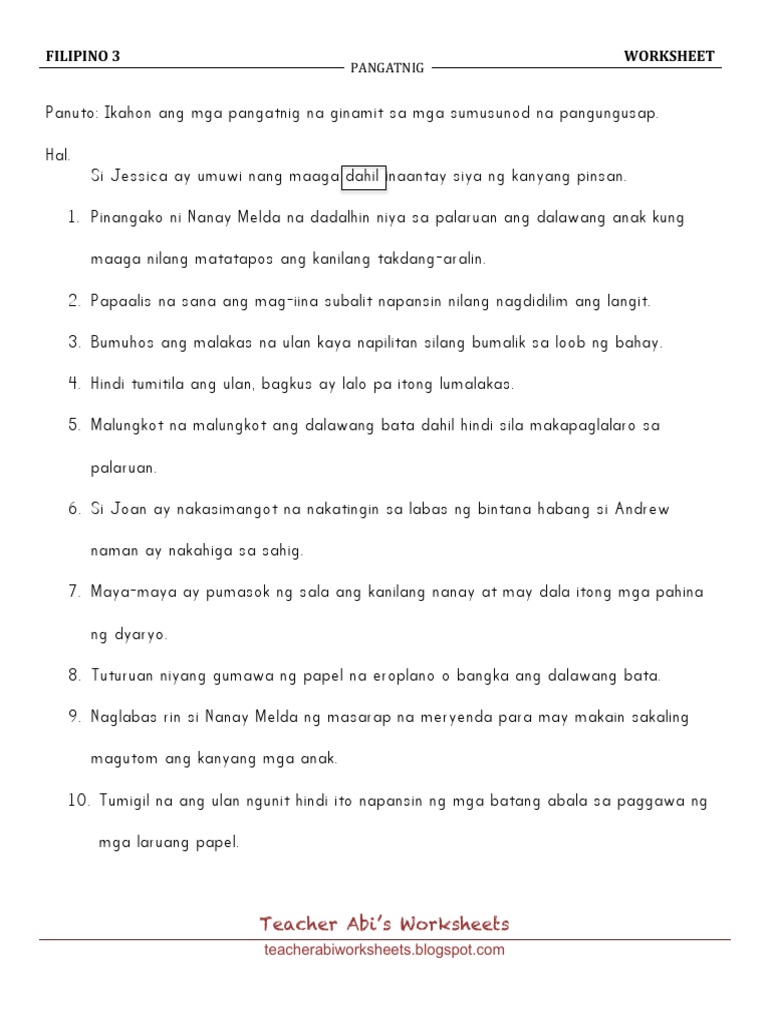 Filipino 3 Worksheet Pangatnig