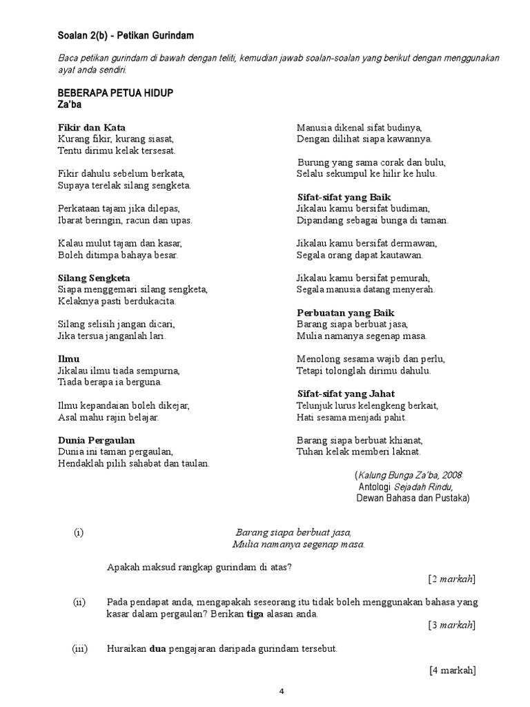 Soalan Dan Jawapan Gurindam Beberapa Petua Hidup Tersoal M