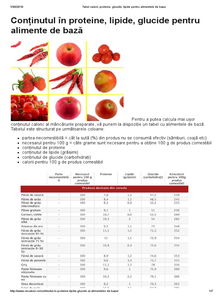 Tabel Calorii, Proteine, Glucide, Lipide Pentru Alimentele de Baza | PDF