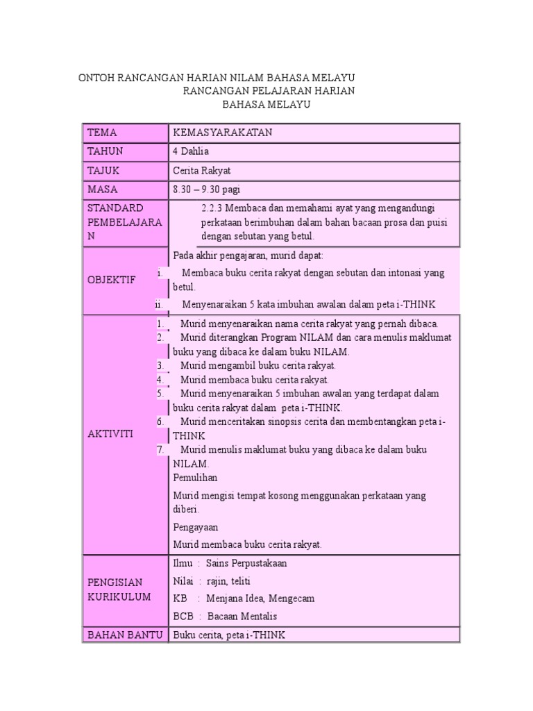 Contoh Rancangan Harian Nilam Bahasa Melayu Pdf
