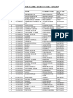 Merit List For Matric Recruits (MR) - Apr 2019: SNO Reg No Name Father'S Name Selected FOR