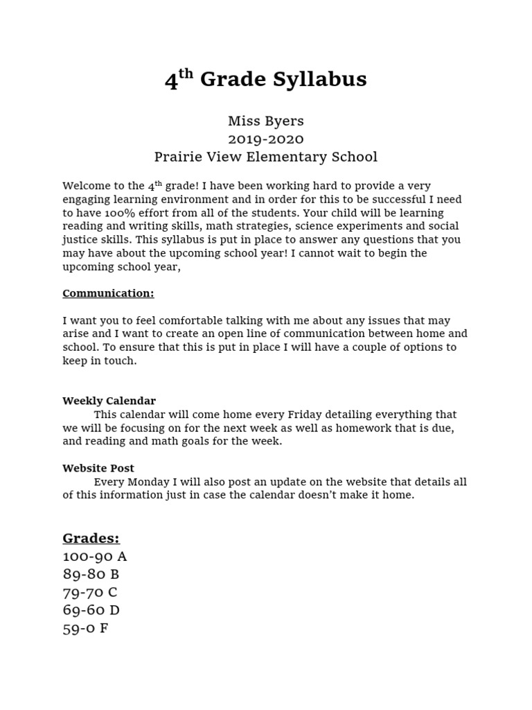 4th Grade Syllabus Pdf