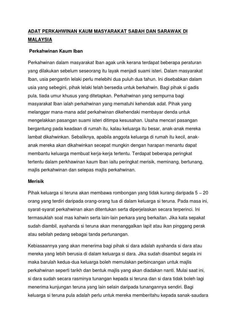 Adat Perkahwinan Kaum Masyarakat Sabah Dan Sarawak Di Malaysia Docx