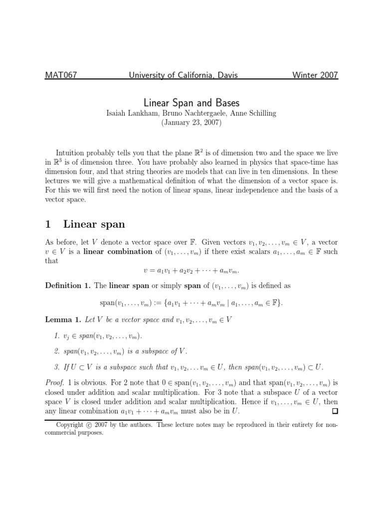 Mat67 LFG Span and Bases PDF Basis (Linear Algebra) Linear Subspace