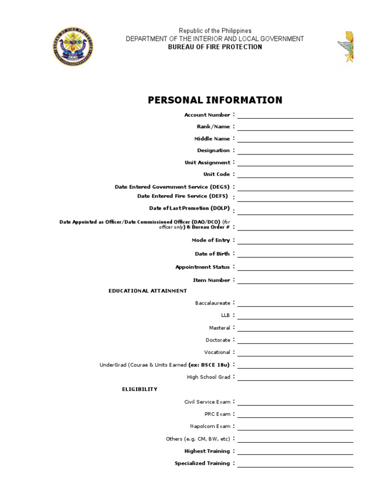 Personal Information: Republic of The Philippines Department of The ...