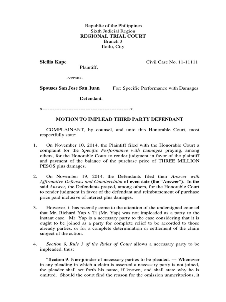 Motion to Implead Civil Law Law) Legal Concepts