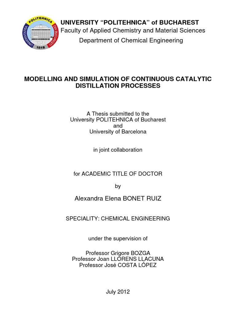 Modelling and Simulation of Continuous Catalytic Distillation Processes ...