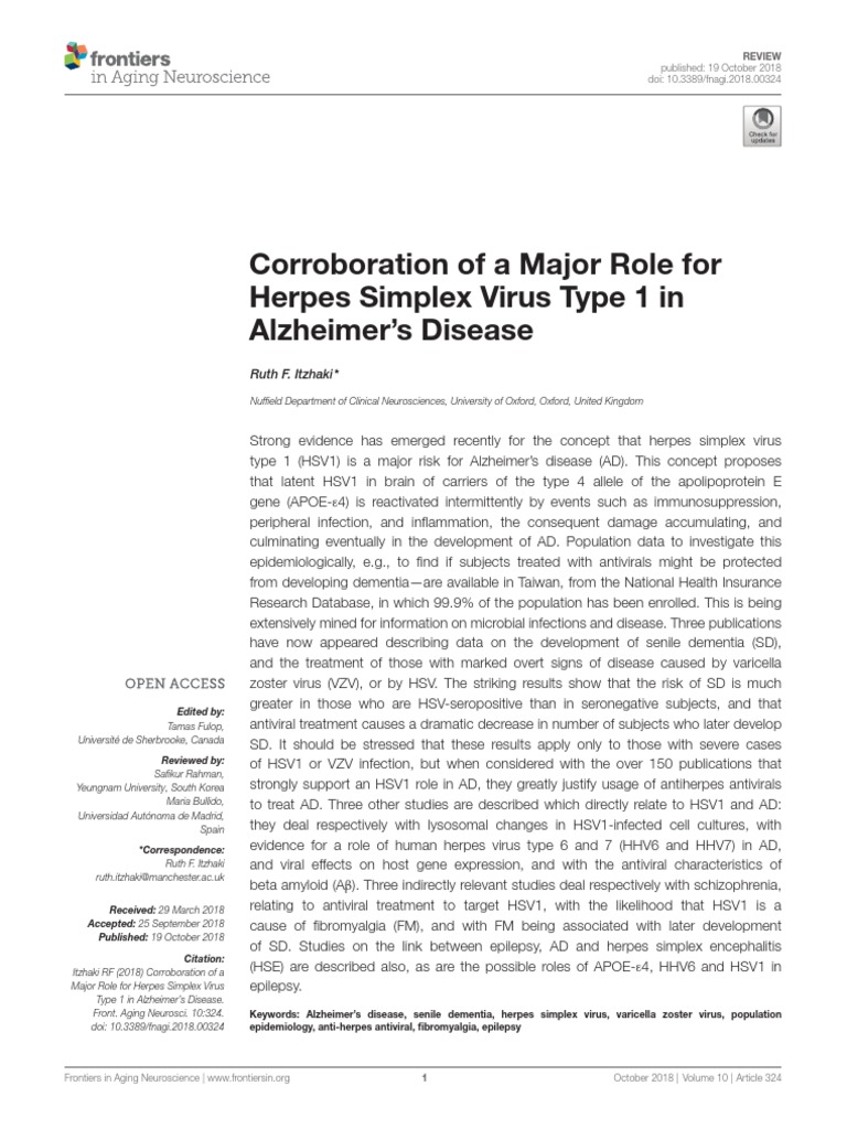 Corroboration of A Major Role For Herpes Simplex Virus Type 1 in ...