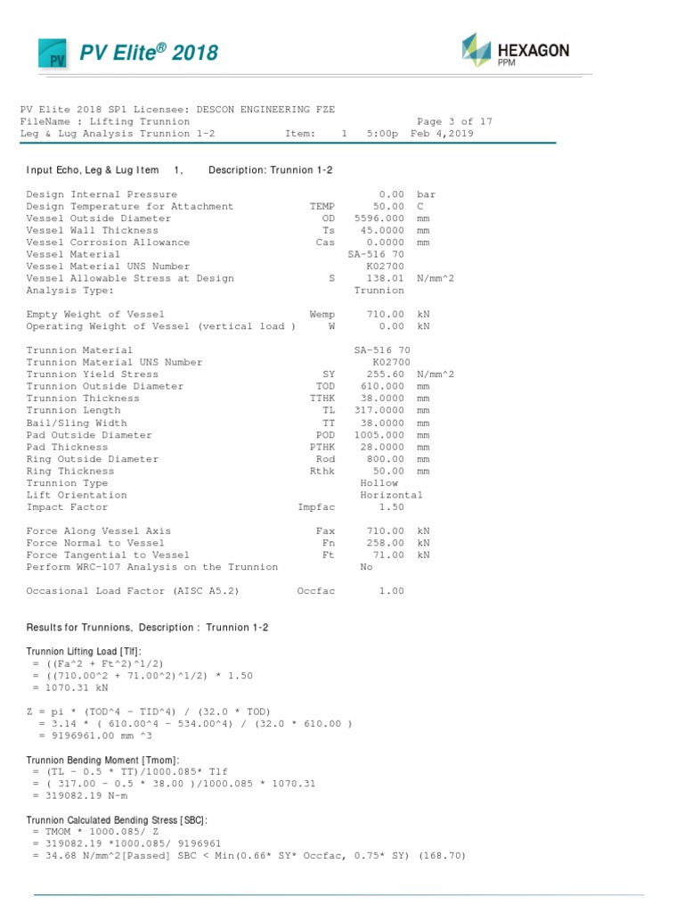 PV Elite Input Echo, Leg & Lug Item 1, Description Trunnion 12 PDF Stress (Mechanics