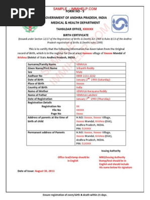 Sample Birth Certificate Andhra Pradesh India Birth Certificate Government And Personhood