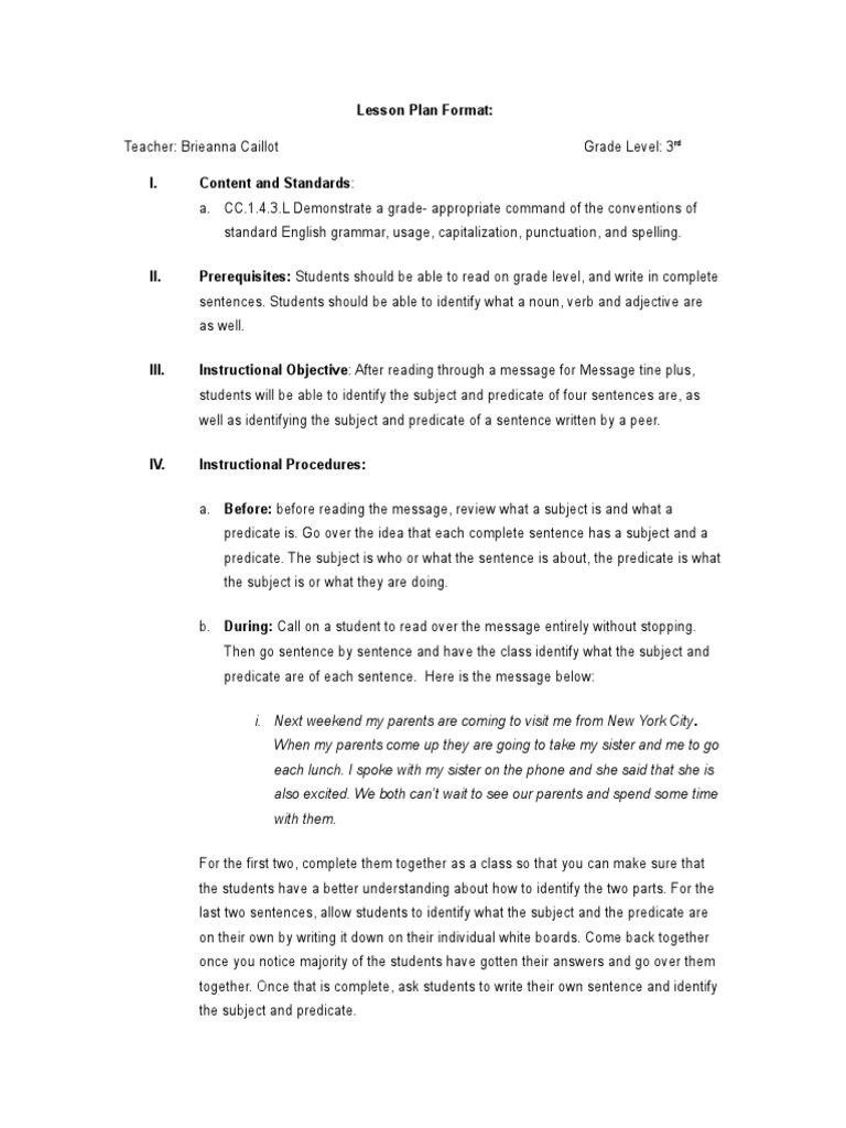 Subject And Predicate Lesson Plan Subject Grammar Predicate Grammar