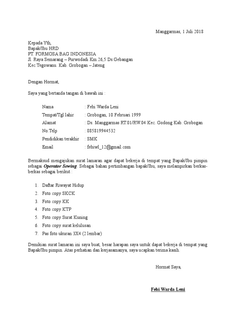 Contoh Surat Lamaran Kerja Pabrik Gudang Surat