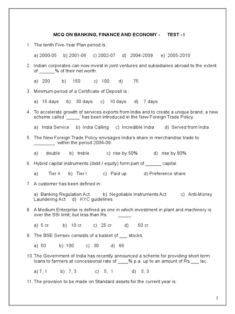Banking and Finance MCQ Test | PDF | Reserve Bank Of India | South Asia