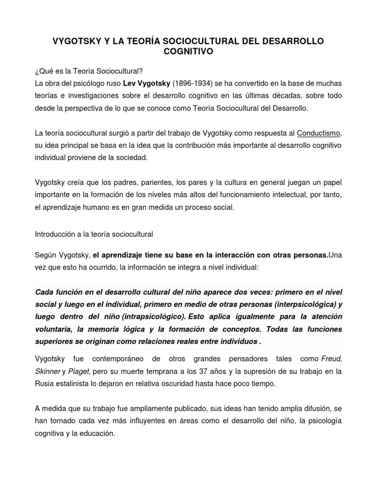 Vygotsky y La Teoría Sociocultural Del Desarrollo Cognitivo | PDF ...