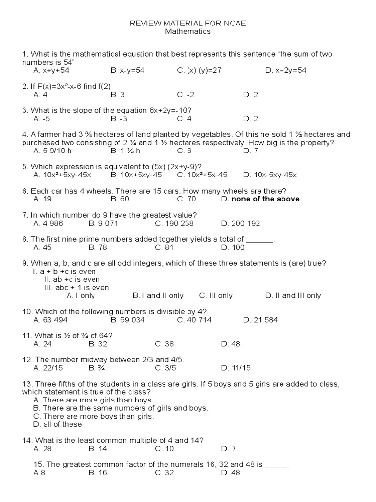 Review Material For Ncae | Download Free PDF | Fraction (Mathematics ...