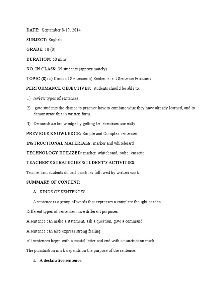 Grade 8 Lesson Plan Week 2 English | PDF | Sentence (Linguistics ...