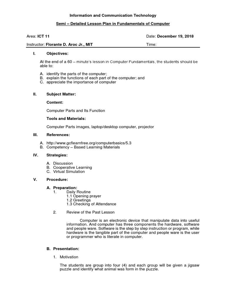 Semi Detailed Lesson Plan in Computer PDF Educational Technology