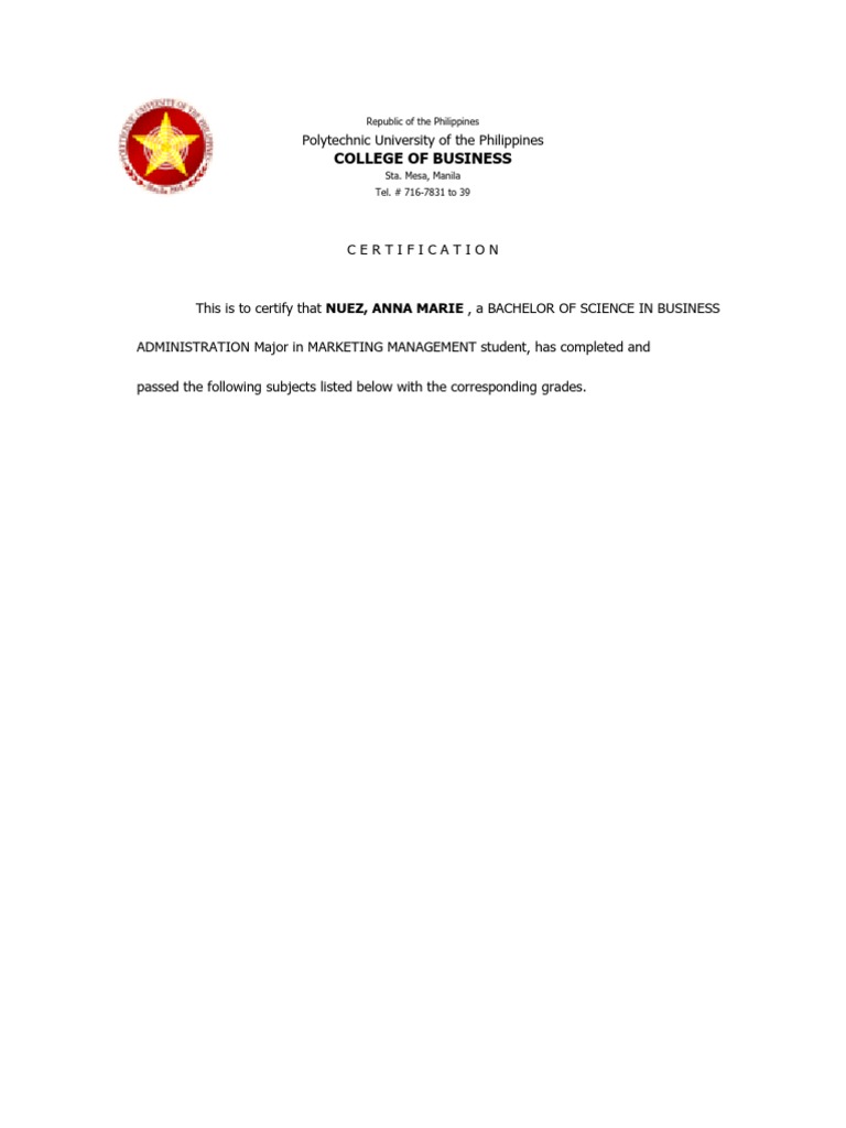 Certification of Business Administration Student | PDF