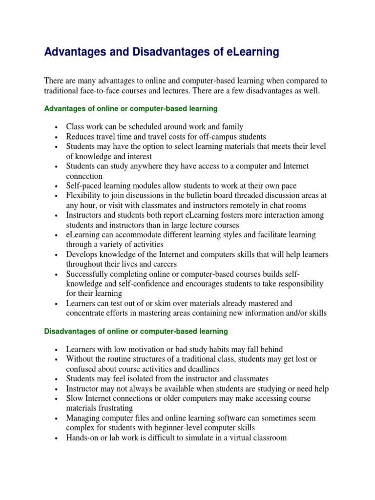 Advantages and Disadvantages of eLearning | PDF | Educational ...