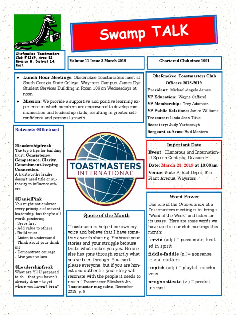 Swamp Talk, Okefenokee Toastmasters Newsletter, March 2019 | PDF | Business