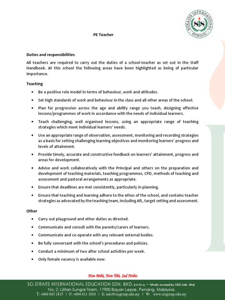 PE Teacher Job Responsibilities At SIS PDF Child Protection Teachers