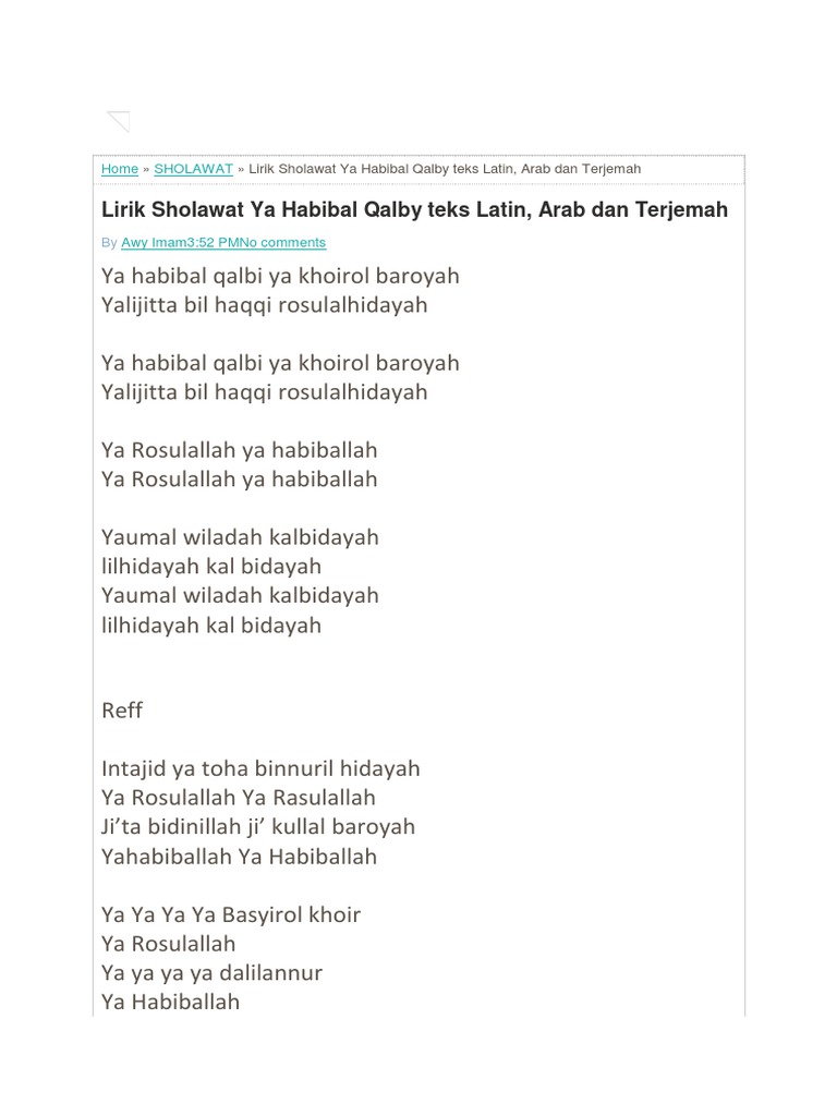 Lirik Sholawat Ya Habibal Qolbi