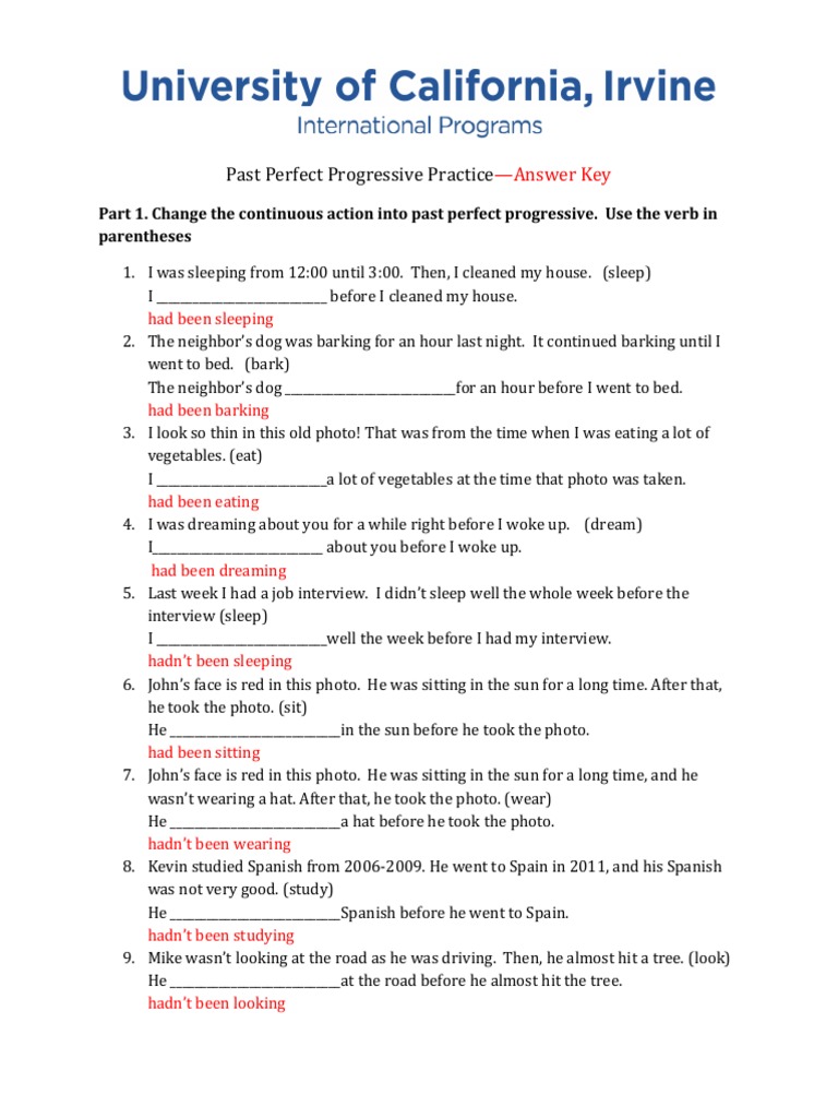 Past Perfect Progressive Exercises Answer Key | PDF | Onomastics | Grammar
