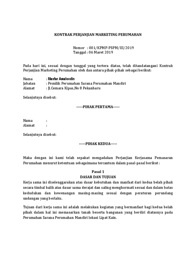 Surat Perjanjian Pemasaran Perumahan