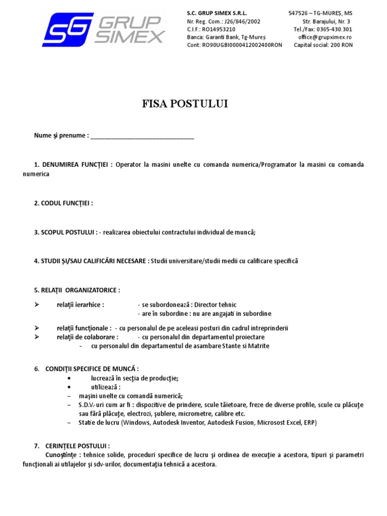 Fisa Post Operator-Programator CNC | PDF