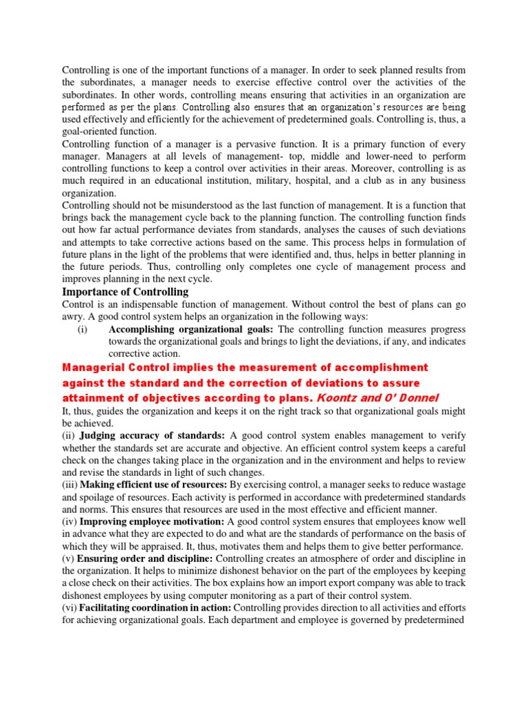 Controlling Is One of The Important Functions of A Manager | PDF ...