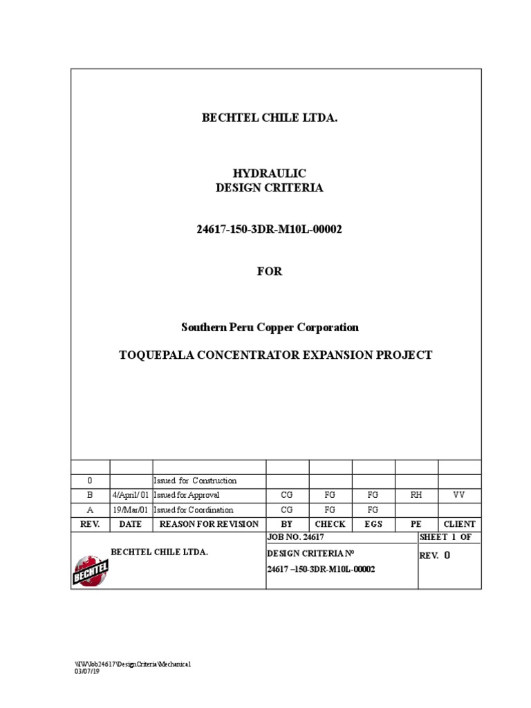 Bechtel Chile Hydraulic Design Criteria PDF Pump Continuum Mechanics