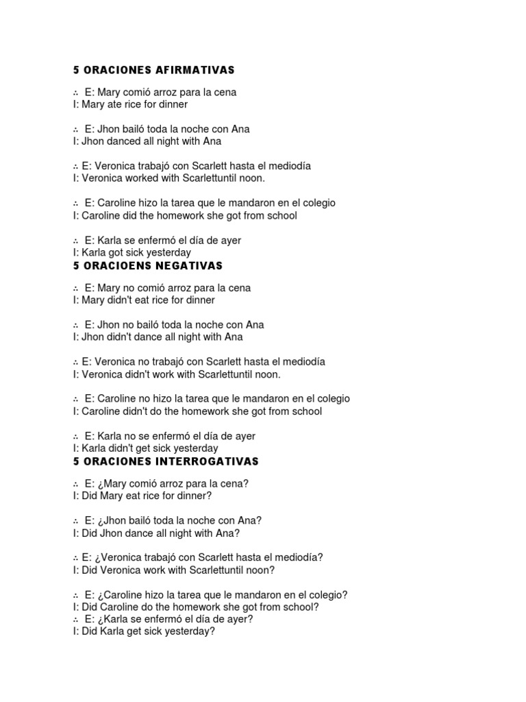 5 oraciones afirmativas pdf