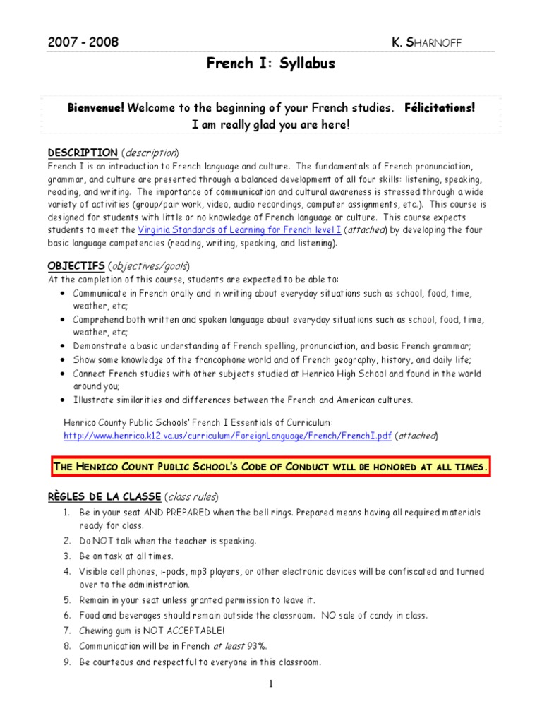 French I Syllabus Bienvenue! To The Beginning of Your French