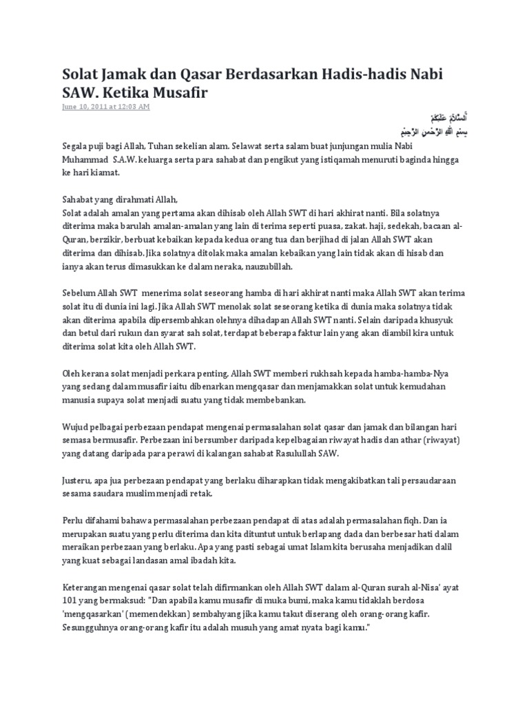Solat Jamak Dan Qasar Berdasarkan Hadis Hadis Nabi Saw Ketika Musafir