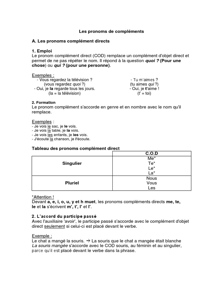 Theorie Les Pronoms De Complements Docx Nombre Grammatical Pronom