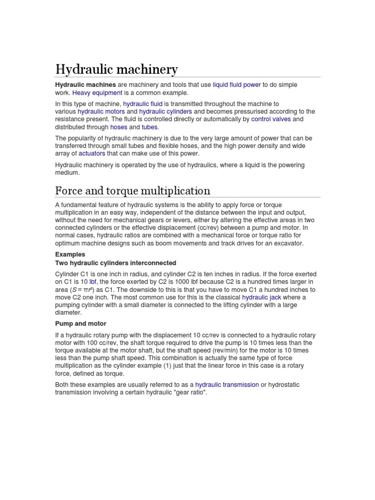 Hydraulic Machinery Force and Torque Multiplication PDF