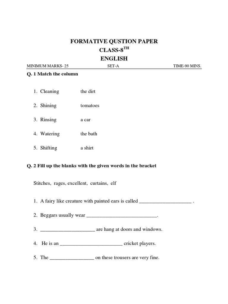 Formative Qustion Paper Class8 English Q. 1 Match The Column PDF