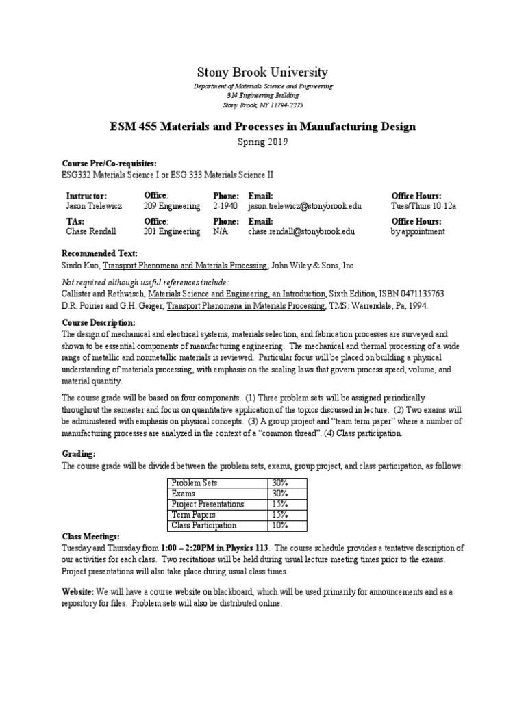 Stony Brook University ESM 455 Materials and Processes in Manufacturing Design PDF Academic