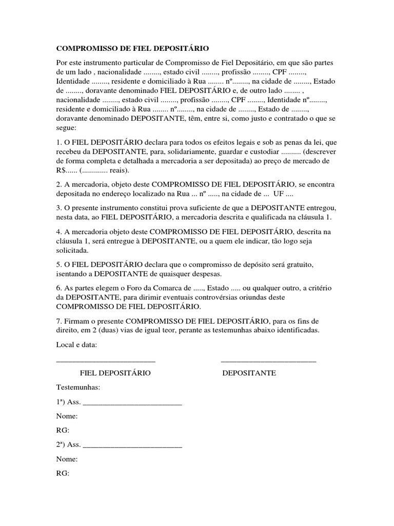 Compromisso de Fiel Depositário | PDF | Finanças e Administração de ...