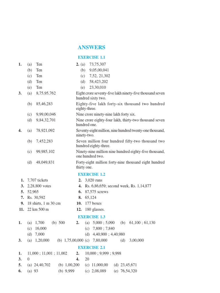 Maths Exercise Answers Summary | PDF