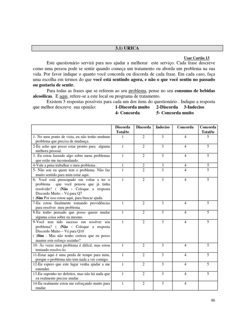 Aplicação da Escala URICA em Tratamento | PDF | Lazer