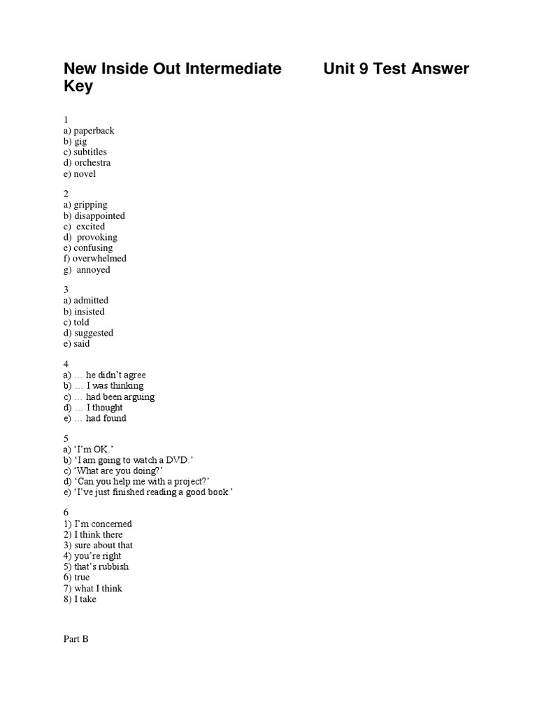 New Inside Out Intermediate Unit 9 Test Answer Key | PDF