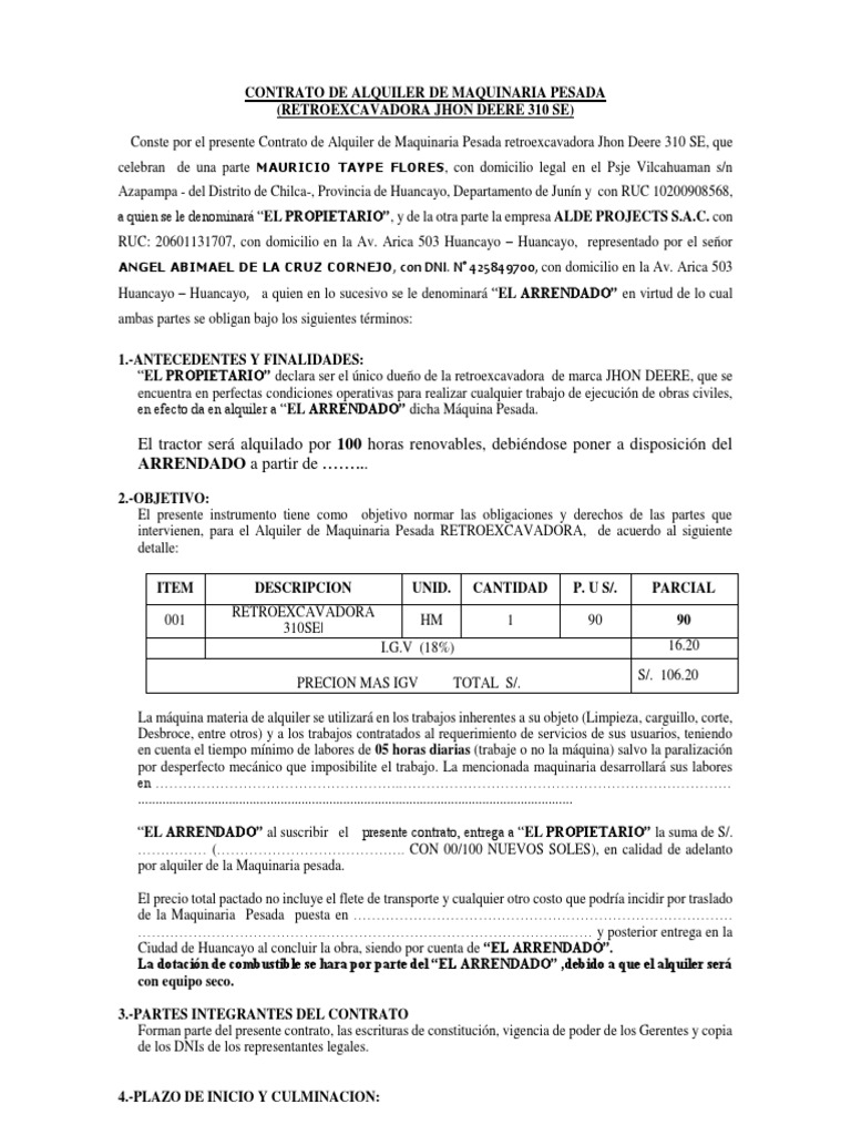 Modelo de Alquiler de Equipor Alquiler Retroexcavadora | PDF | Gobierno ...