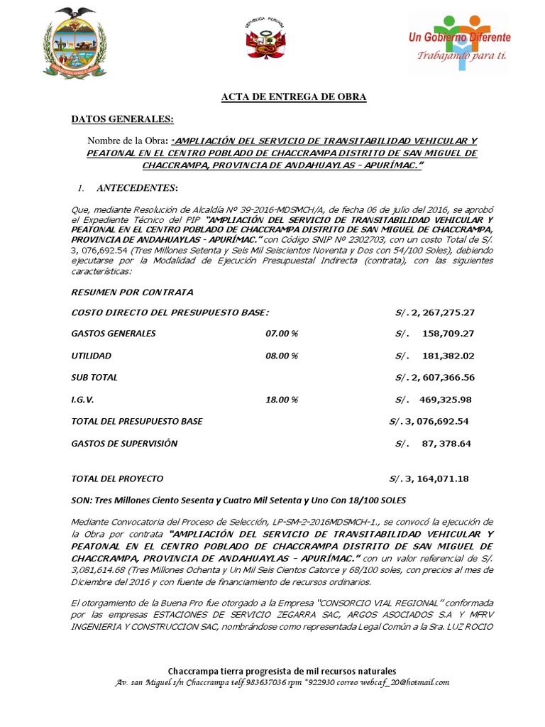 4 - ACTA de Entrega de Obra | PDF | Gobierno local | Gobierno