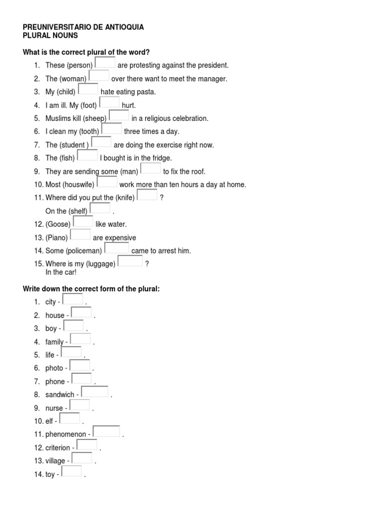 Plural Nouns Exercises PDF Plural Language Mechanics