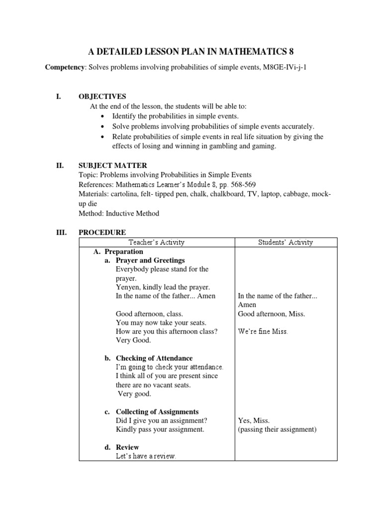 A Detailed Lesson Plan in Mathematics 8 | PDF | Probability | Lesson Plan