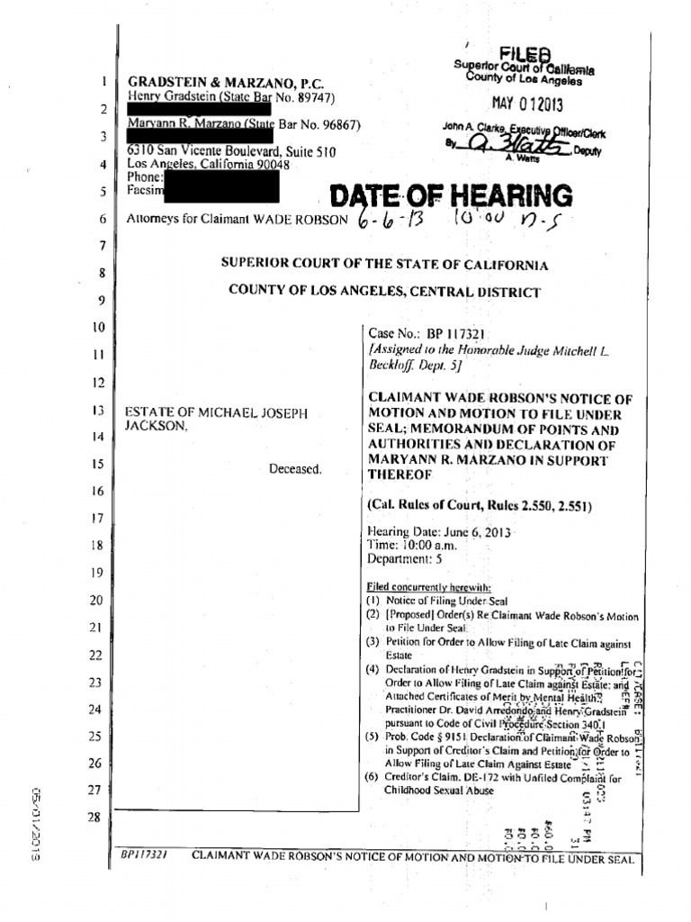 Claimant Wade Robson's Notice of Motion and Motion To File Under Seal