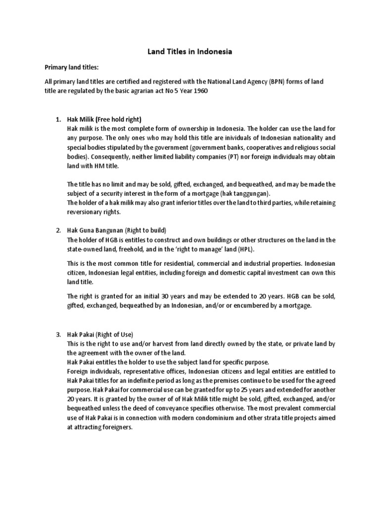 Types of Land Titles in Indonesia | PDF | Ownership | Lease